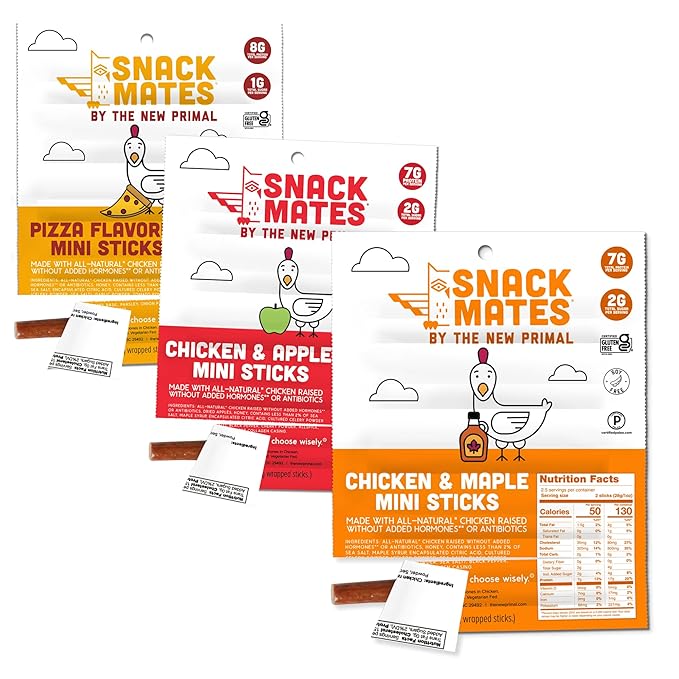 Snack Mates by New Primal Sampler Three Flavor Pack Mini Chicken Sticks High Protein and Low Sugar Kids Snack Certified Gluten Free Soy Free Certified Paleo Lunchbox Friendly 15 Count