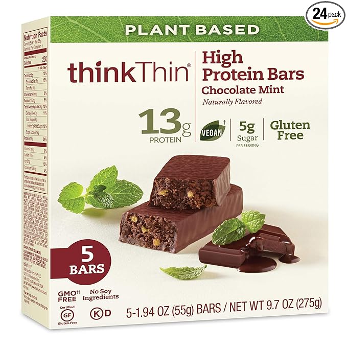 Think Thin Plant Based Chocolate Mint High Protein Bar 5 count per pack - 24 per case.