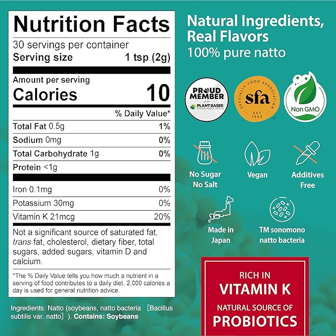 sonomono Japanese Natto Mild Flavor Fermented Soybean Powder. Traditional superfood Freeze-Dried Non-GMO Vegan. Natural Source of Probiotics Prebiotics Vitamin K. Made in Japan 60 g