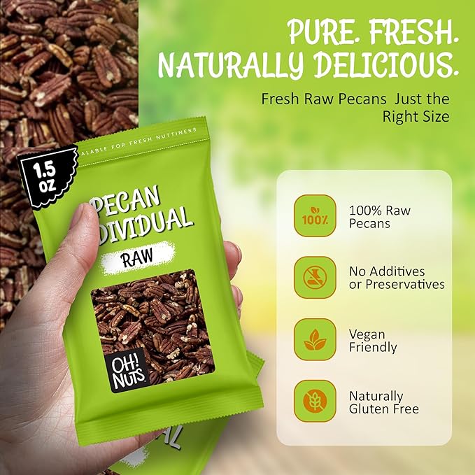 Oh! Nuts Pecan Raw Individual Nut Snacks for On-the-Go - 12 Convenient Nut Snacks for School - Bulk Nuts Variety - Individual Packs (1.5 oz Each)