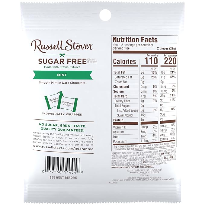 RUSSELL STOVER Sugar Free Dark Chocolate Mint Patties Candy 2 oz. bag (Pack of 10)