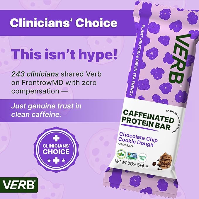 Verb Energy - Caffeinated Protein Bars Chocolate Chip Cookie Dough 190-Calorie Low Sugar 10g Protein Bar - Vegan Snacks - Gluten Free Breakfast Bars with Organic Green Tea 51g Per Bar (Pack of 12)