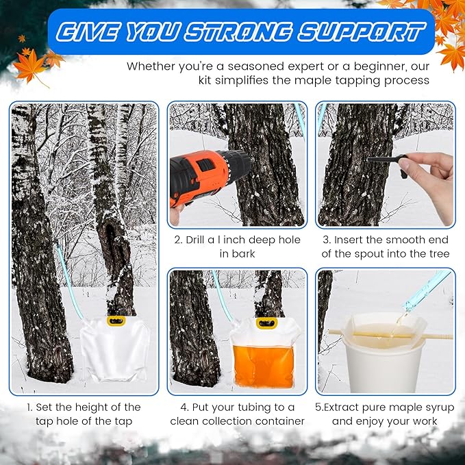 Nuogo 20 Sets 10L Maple Syrup Tapping Filter Kits with Include 20 Taps 20 3 ft Tubes 20 10L Bags 40 Filter Paper 4 Lines Stickers 2 Silicone Funnel 2 Hooks for Maple Birch Syrup Collection Supplies