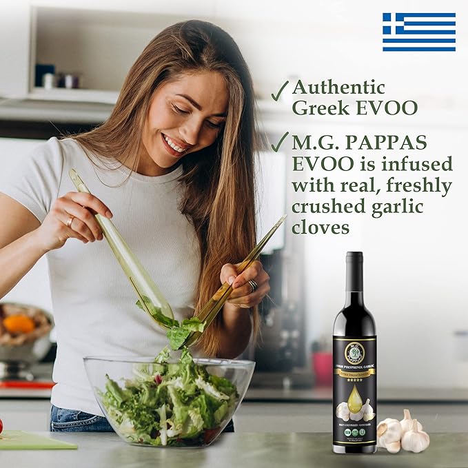 M.G. PAPPAS High Polyphenol Rich Garlic Infused Olive Oil - Extra Virgin Olive Oil - Over 500mg/kg - Cold Pressed &amp Unfiltered - High Hydroxytyrosol Greek Olive Oil - Award Winning