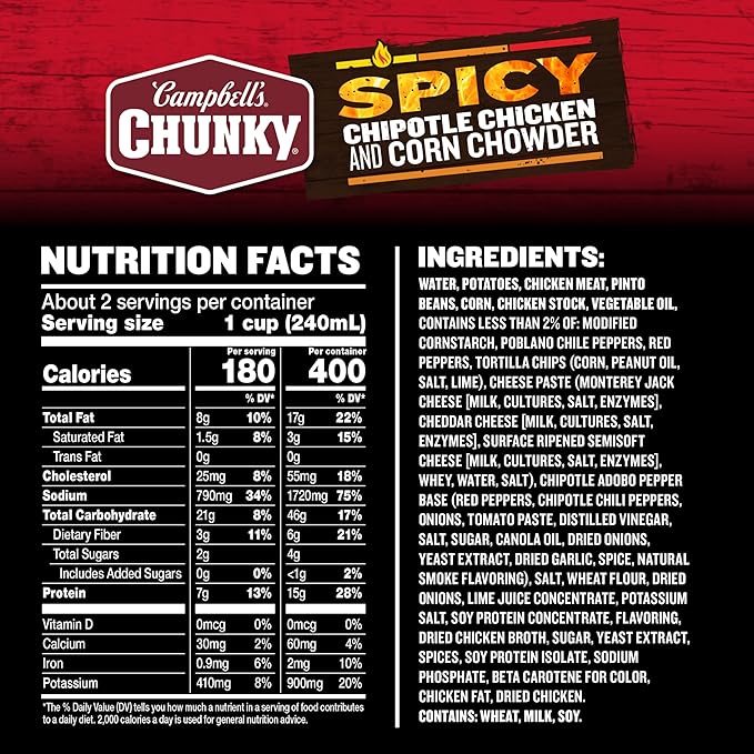 Campbell’s Chunky Soup Chipotle Chicken Corn Chowder Soup 18.8 oz Can (Pack of 12)
