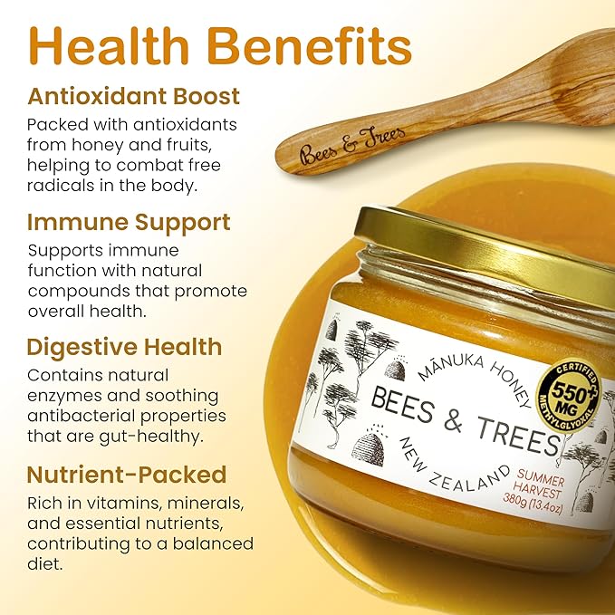 Bees &amp Trees Manuka Honey 550+ MGO – New Zealand Pure Monofloral Raw – Premium &amp Minimally Processed for Health Strength &amp Vitality – Unpasteurized Superfood in Gift Set - 380g (13.4oz)