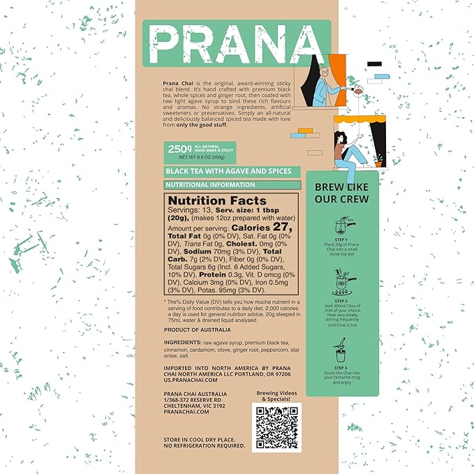 Prana Chai Sugar Free Chai Tea Agave Blend - Vegan Friendly Hand-Blended Natural Australian Loose Leaves All-Natural Chai -250g