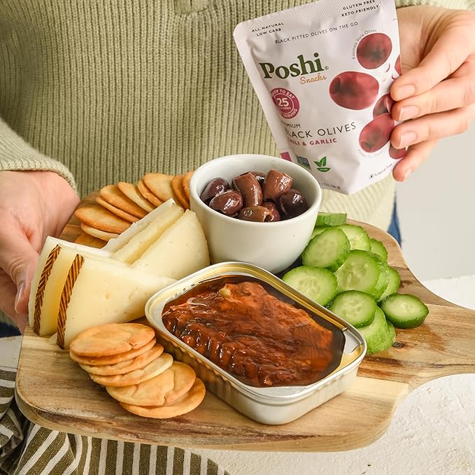 Poshi Natural Whole Pitted Olives | 24 Pack Variety | Basil &amp Garlic Chili &amp Oregano Chili + Garlic Lemon &amp Rosemary | Vegan Kosher Gluten Free + Keto Friendly Healthy Snacks 1.1 Oz
