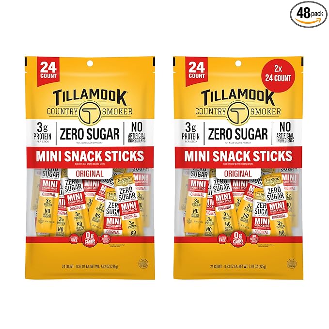 Tillamook Country Smoker Zero Sugar Original Mini Smoked Sausages 0.33 oz 48 Ct Individually Wrapped Beef Sticks for Afternoon Snacks Lunchboxes Travel Real Hardwood Smoked