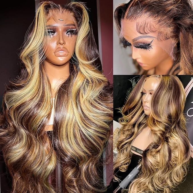 32 Inch Highlight Ombre Lace Front Wig Human Hair 13X4 HD Honey Blonde Wig Human Hair 4/27 Colored Body Wave Lace Frontal Wigs Human Hair Glueless Pre Plucked Wigs With Baby hair