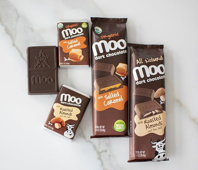 Moo Chocolates All Natural Dark Chocolate Mini Bars with Roasted Almond &amp Sea Salt 0.7 oz 28 ct (Pack of 2) | 100 Calorie Snacks for On-the-Go Lunchboxes Office