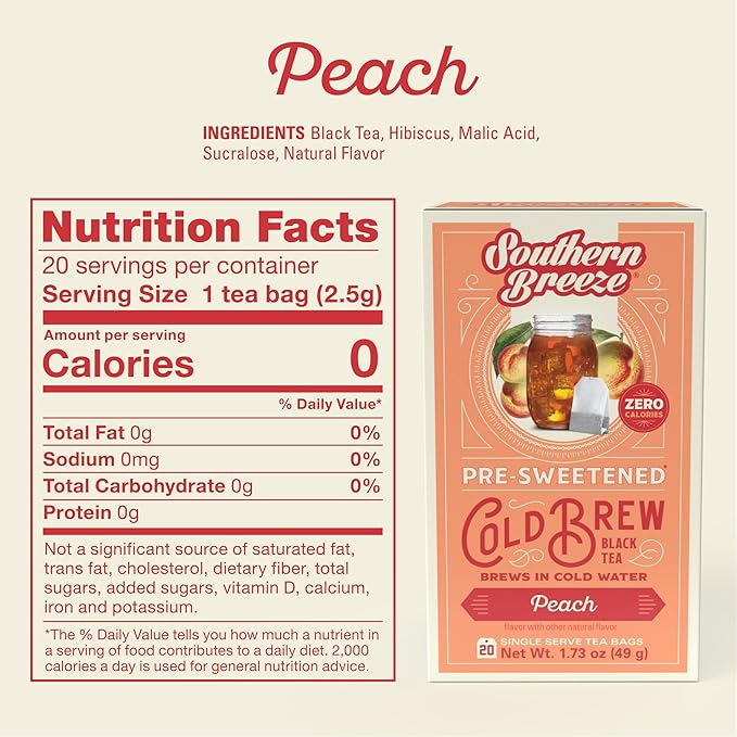 Southern Breeze Cold Brew Sweet Tea Peach Iced Tea with Black Tea and Zero Carbs Zero Sugar 20 Individually Wrapped Tea Bags Pack of 4
