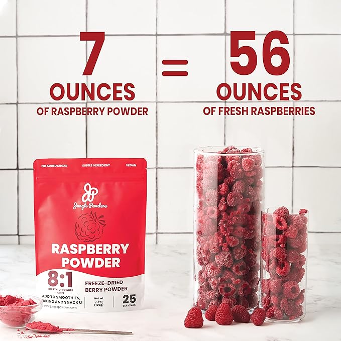 Jungle Powders Freeze Dried Raspberry Powder 7 Ounce Bag Powdered Unsweetened Freeze Dried Raspberries Additive Filler and GMO-Free Red Superfood Extract for Baking