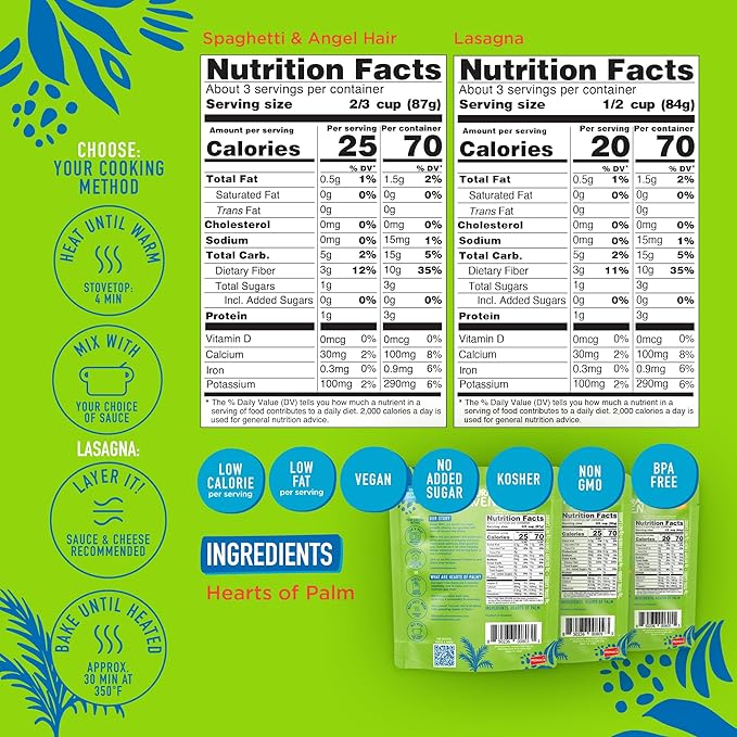 Natural Heaven Hearts of Palm Pasta Variety 6-Pack – Spaghetti Noodles Angel Hair Lasagna Low-Calorie Keto &amp Gluten-Free Food Vegan 9 Oz Ea