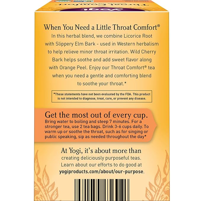 Yogi Tea - Throat Comfort (6 Pack) - Soothes the Throat with Wild Cherry Bark Licorice Root Mullein and Ginger - Caffeine Free - 96 Organic Herbal Tea Bags