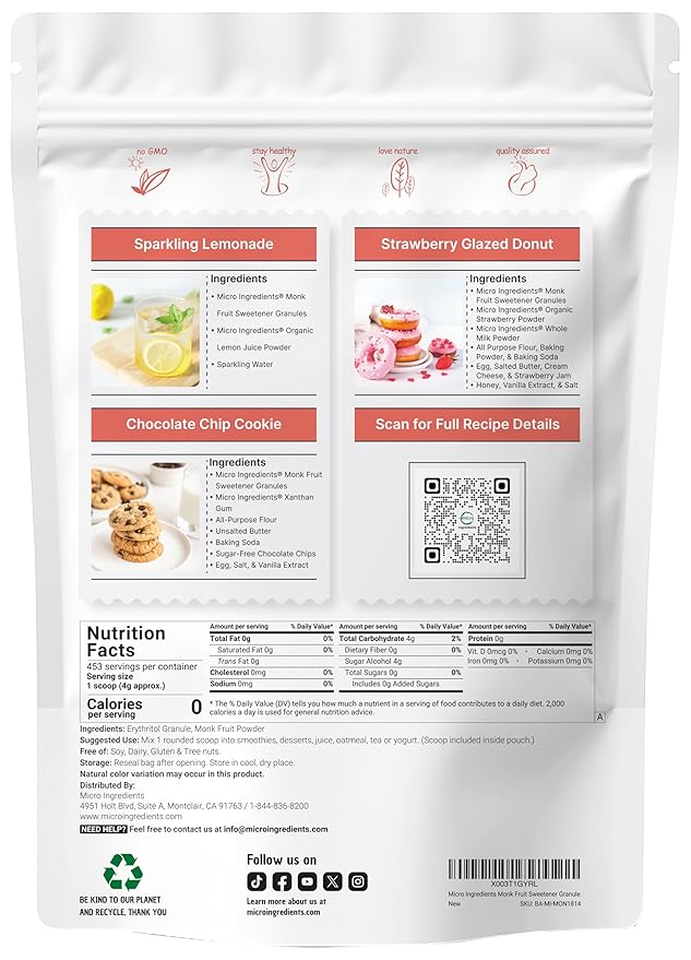 Monk Fruit Sweetener with Erythritol Granules 4 Pounds No After Taste 1:1 White Sugar Substitute Keto Diet Friendly Zero Calorie Natural Sweetener for Drinks Coffee Tea Cookies No-GMO Vegan