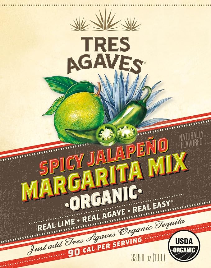 Tres Agaves Organic Spicy Jalapeño Margarita Mix – Made with Real Lime Juice Agave Nectar &amp Natural Chili Flavor – Only 90 Calories per Serving – Vegan Gluten-Free Non-GMO – 750ml Bottle (2 Pac