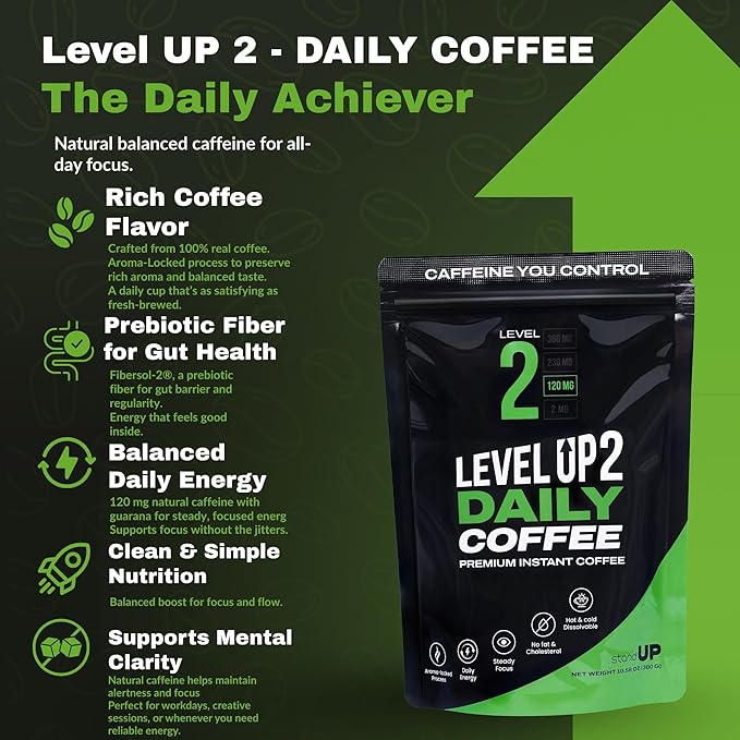 Level Up Premium Decaf Instant Coffee Sugar Free 30 Servings 10.58 oz (L2 - DAILY 120MG)