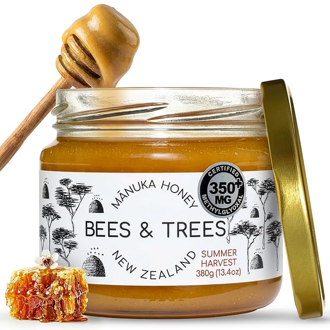 Bees &amp Trees Manuka Honey 350+ MGO - Raw Pure New Zealand Monofloral Honey – Unpasteurized &amp Natural Unfiltered Manuka for Tea Coffee Dressings Smoothies &amp Daily Use – Glass Jar 380g (