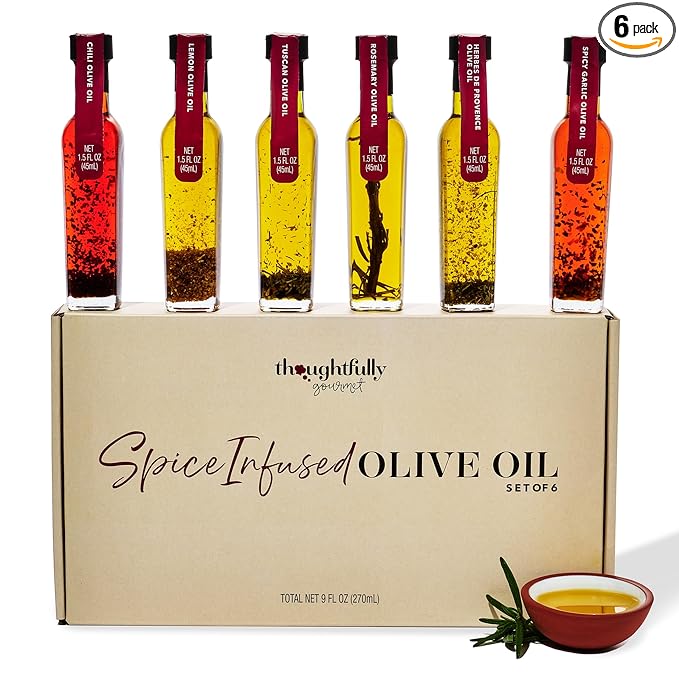 Thoughtfully Gourmet Spice Infused Olive Oil Gift Set Premium Extra-Virgin Olive Oil from Spain Flavors Include Chili Rosemary Lemon Spicy Garlic Herbes de Provence and Tuscan Set of 6