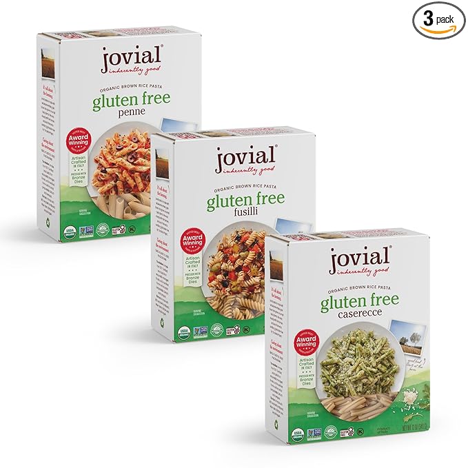 Jovial Whole Grain Brown Rice Pasta Variety Pack (Rigate Fusilli Caserecce) - Whole Grain Pasta Organic Pasta Gluten Free Dairy Free Brown Rice Pasta Made in Italy - 12 Oz 3 Pack