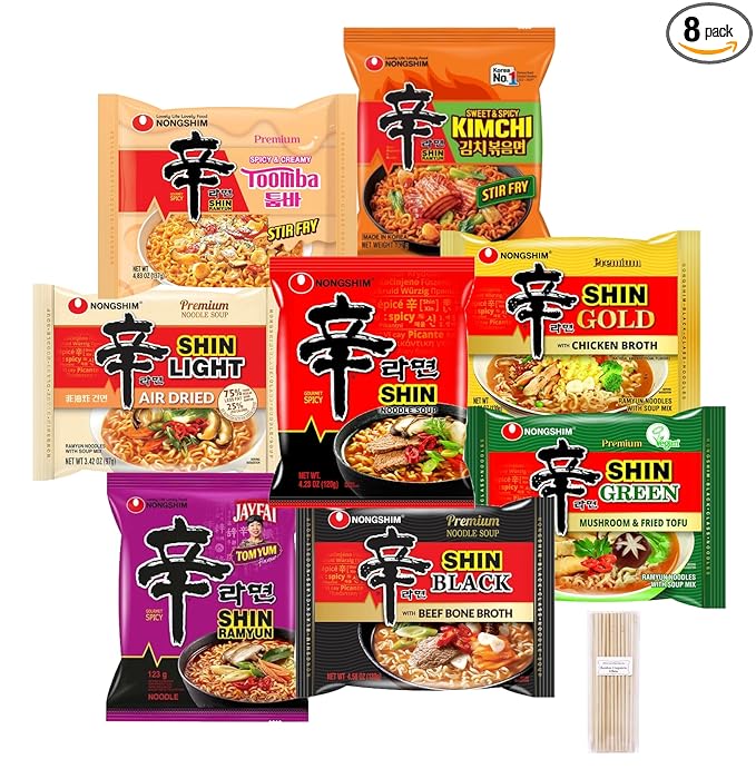 Pinstar Premium Gourmet Spicy Shin Instant Ramen Noodle 8 Flavor Combo - Korean Ramen Set (8 Pack)