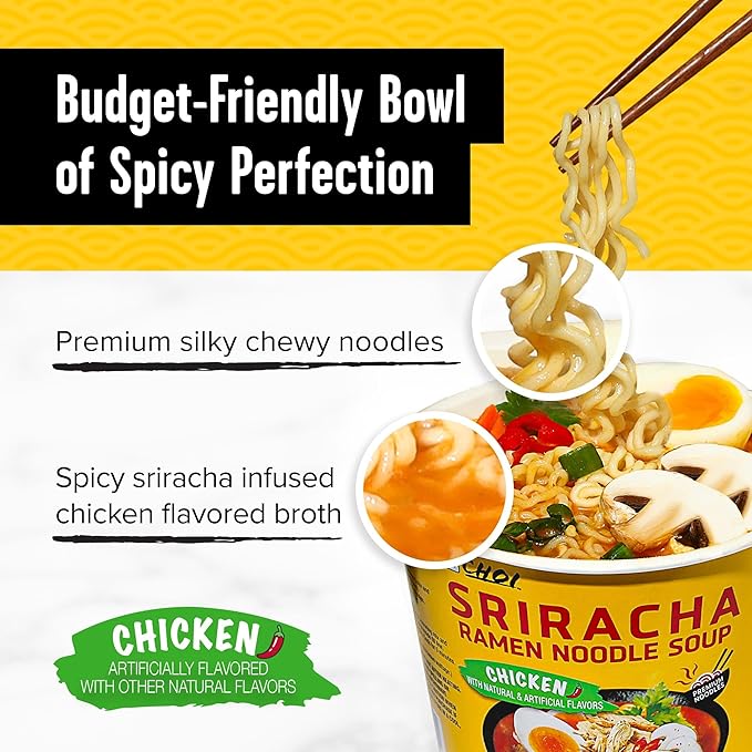 CHOI Sriracha Ramen Noodle Soup Chicken Flavored - Microwavable Bowl 3.8 oz. (110g) 6-Pack