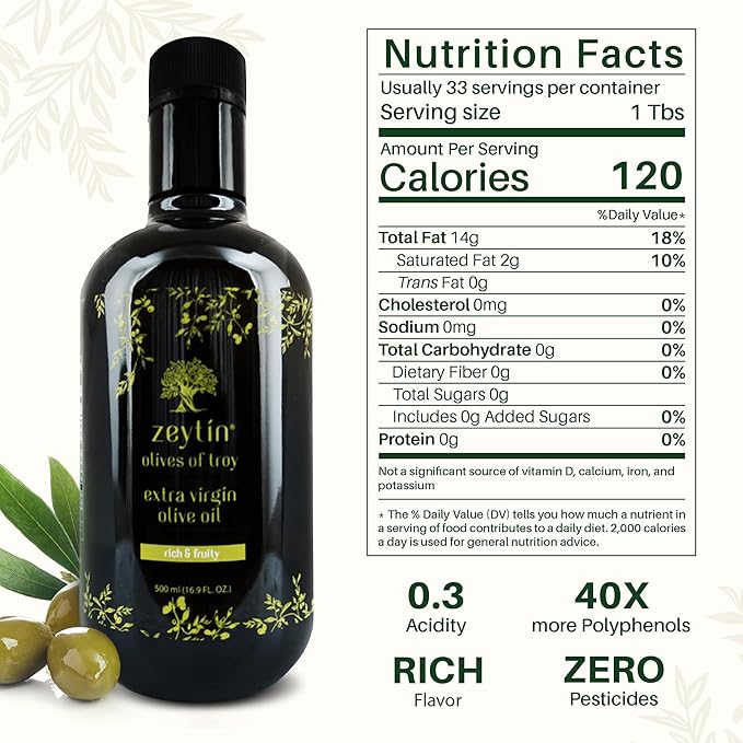 Zeytin Olive Oil Extra Virgin - GOLD MEDAL &amp Early Harvest - Fresh 2024 Harvest Bottled in May 2024 - New Luxury Packaging - Vegan Keto &amp Cold Pressed - Rich &amp Fruity (16.9fl oz - 1 Pack