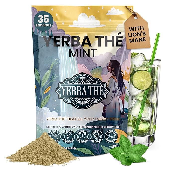 Yerba Mate Powder - Clean Energy &amp Focus - Organic Yerba Mate Tea 350g - Supports Gut Health with Probiotics &amp Prebiotics Brain Fog Relief Focus &amp Relaxation - Mint Flavor 35 Servings