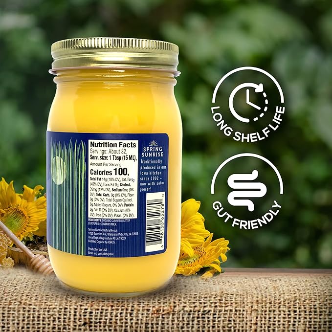 Spring Sunrise Grass Fed Organic Cultured Ghee - USDA Certified Clarified Butter - Keto &amp Paleo Friendly Non-GMO Gluten &amp Lactose Free Cooking Oil - Sustainably Sourced 16 oz Jar