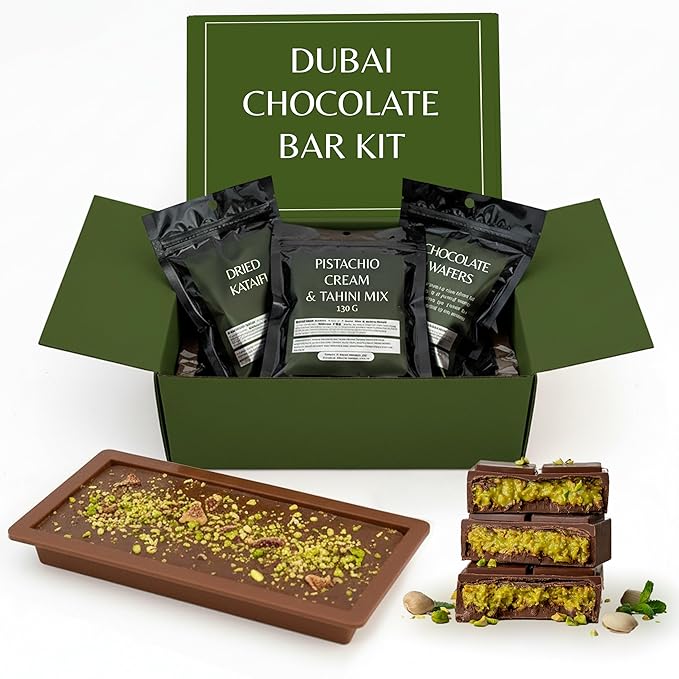 Dubai Chocolate Bar Kit Master Make at Home Set with Pistachio Cream Tahini Mix Dried Kataifi Milk Choco Melting Wafers Jumbo Bar Mold &amp Step-by-Step Guide – Unique Premium Gift for Dessert Lo