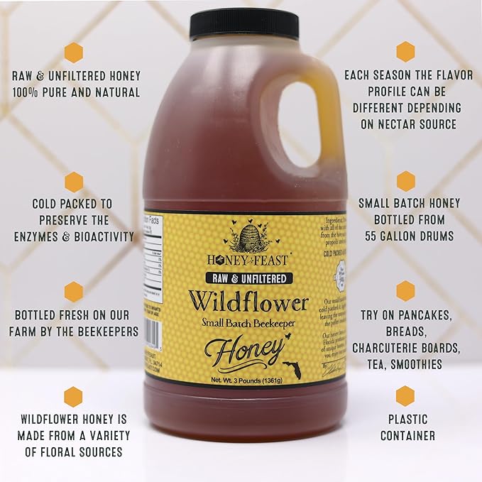 HONEY FEAST 3 Pounds Raw Wildflower Honey | from American Organic floral sources
