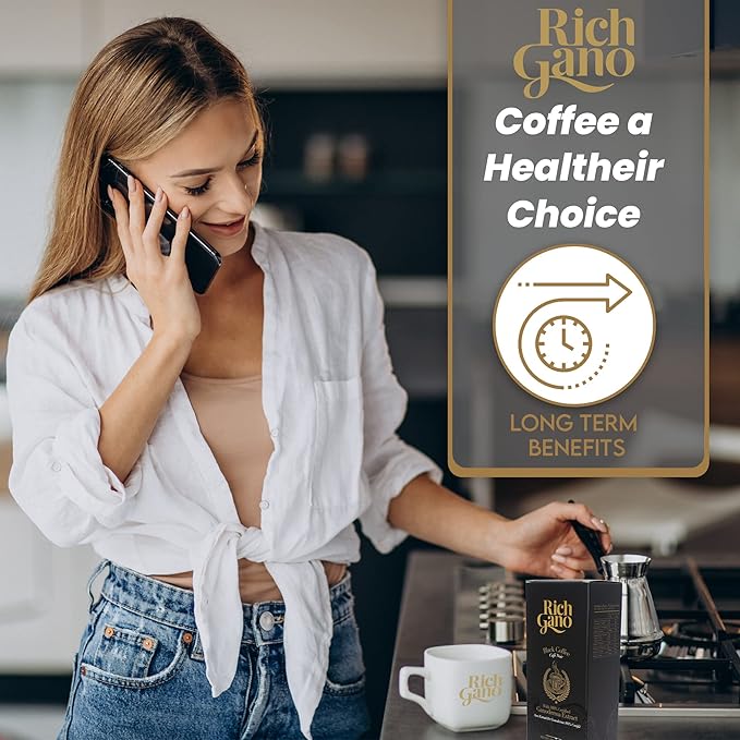 Rich Gano Reishi Mushroom Coffee – (12 Boxes of 30 Sachets) Black Coffee with Ganoderma Extract – All Natural Vegan Friendly Instant Coffee Packets – Zero Jitters Energize Ganoderma