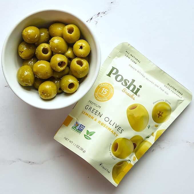 Poshi Green Pitted Olives | Lemon &amp Rosemary | Vegan Kosher Gluten Free + Keto Friendly Fresh All Natural Low Calorie Healthy Snacks | (30 Pack 1.1oz Bags)