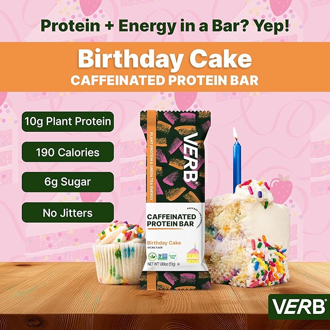 Verb Energy - Caffeinated Protein Bars Birthday Cake 10g Plant Based Protein Bars High Protein - Vegan Snack - Gluten Free Breakfast Snack with Organic Green Tea 51g (Pack of 12)