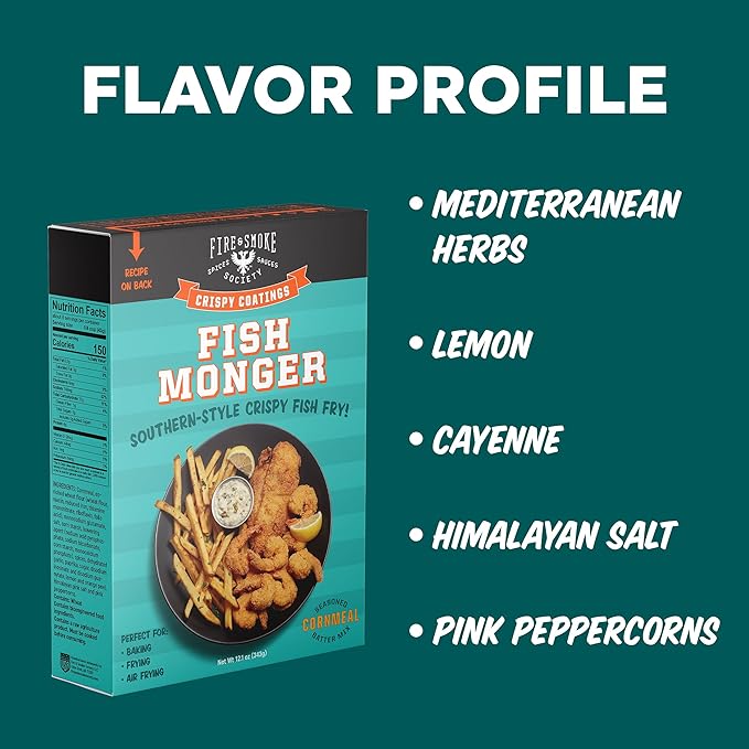 Fire &amp Smoke Society Fish Monger Fish Fry Seasoning Mix | Fish Batter Southern Style Crispy Coating | Baking Frying Air Frying | 12.1 oz (2-Pack)