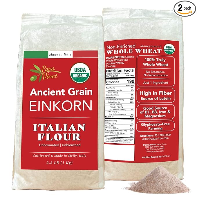 Organic Einkorn Flour – Made in Italy Organic Ancient Grain Non-Enriched Unbleached Unbromated High Fiber &amp Protein Ancient Whole Wheat Heirloom 2.2 LB
