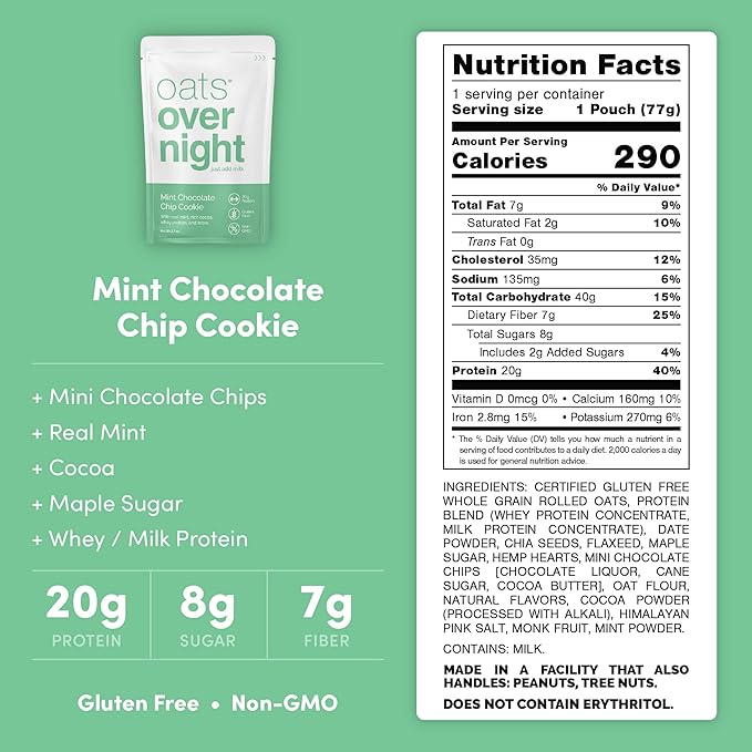 Oats Overnight Mint Chocolate Chip Cookie 8 Pack &amp Chocolate Chip Cookie Dough 8 Pack - 20g Protein High Fiber Breakfast Shake - Gluten Free Non GMO Oatmeal