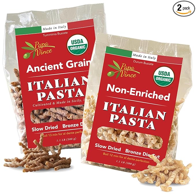 Papa Vince Organic Whole Wheat Pasta - Non enriched no bleached made from ancient grains durum &amp timilia grown in Sicily Italy. No funny taste al dente texture minimal processed small batch p