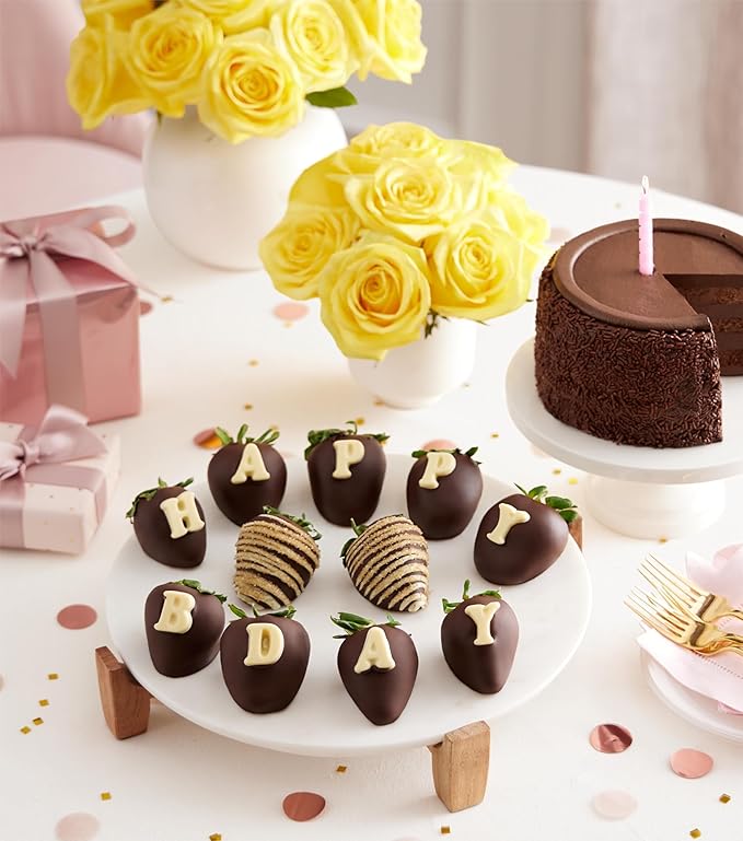Shari’s Berries Happy Birthday Belgian Chocolate Covered Strawberries | Premium Birthday Gift Box (Full Dozen 12 Berries)