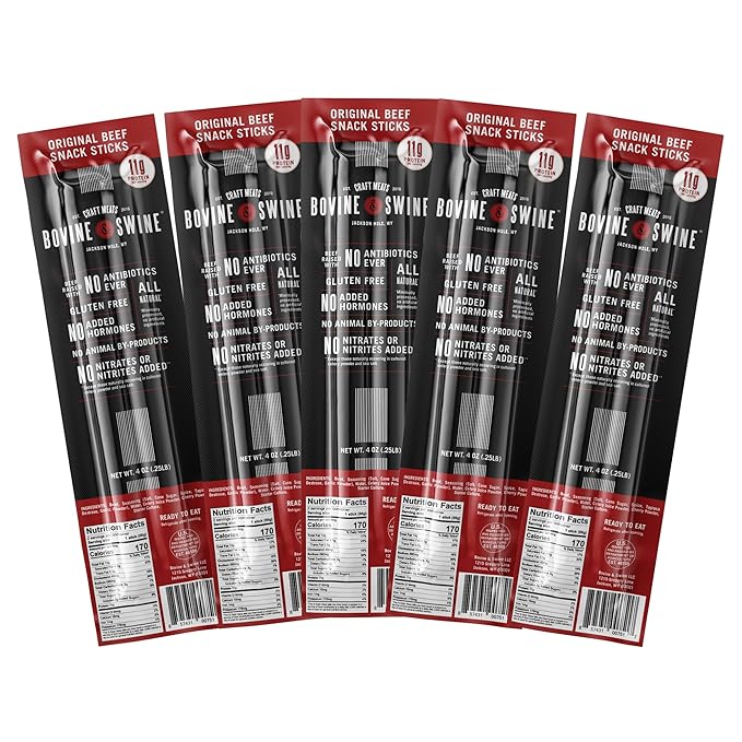 Bovine &amp Swine All-Natural Gourmet Craft Beef Snack Sticks | 10 Packs of 2 | Wyoming Jerky Sticks High Protein Individually Wrapped | Camping &amp Hiking Snacks | Clean Ingredients | Original B