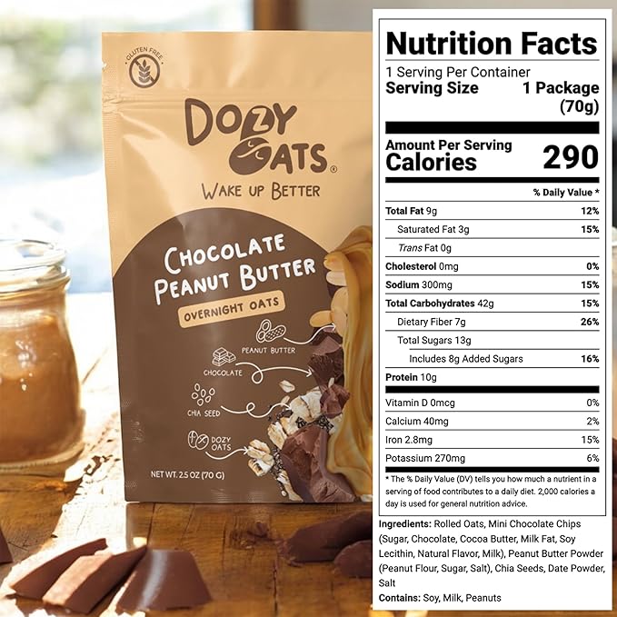 Dozy Oats Overnight Oatmeal Packets Chocolate Peanut Butter Multipack with Rolled Oats Chia Seeds and Date Powder. Gluten-Free Natural Source of Protein and Fiber 16-Pack