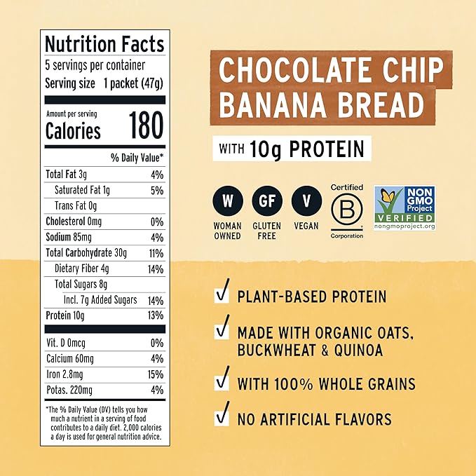 Purely Elizabeth Creamy &amp Hearty Protein Instant Oatmeal Chocolate Chip Banana Bread Vegan Friendly Organic Gluten Free &amp Non-GMO 5 Count 8.3 Ounce (Pack of 6)