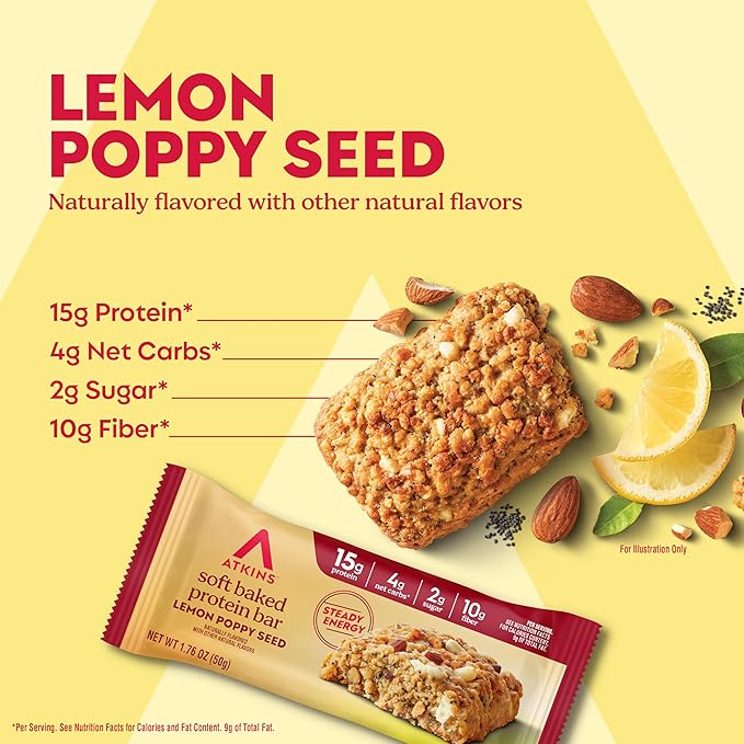 Atkins Soft Baked High Protein Bars Lemon Poppy Seed Flavor 15g Protein 4g Net Carbs 2g Sugar Keto Snacks Low Sugar Bars High Fiber Snacks 6 pack (4 bars each)