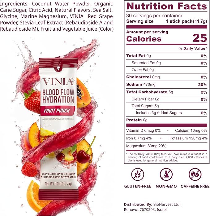 VINIA Resveratrol Electrolyte Hydration Powder Mix | Boost Blood Flow &amp Circulation | Sea Salt Coconut Water Potassium Magnesium Informed Sport Certified (30 Sticks Fruit Punch)