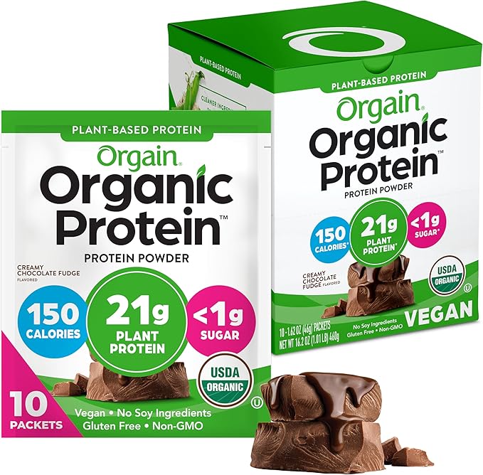 Orgain Organic Vegan Protein Powder Creamy Chocolate Fudge - 21g Plant Protein 6g Prebiotic Fiber Low Carb No Lactose Ingredients No Added Sugar Non-GMO 10 Single Serve Individual Packets