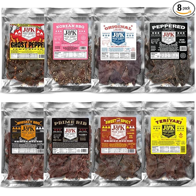 J&ampK Beef Jerky Bundle – 8 Bold Flavors Handcrafted &amp Double Tenderized 100% USDA Premium Beef Jerky 7oz Bags – Perfect for On-the-Go Snacking &amp Adventure