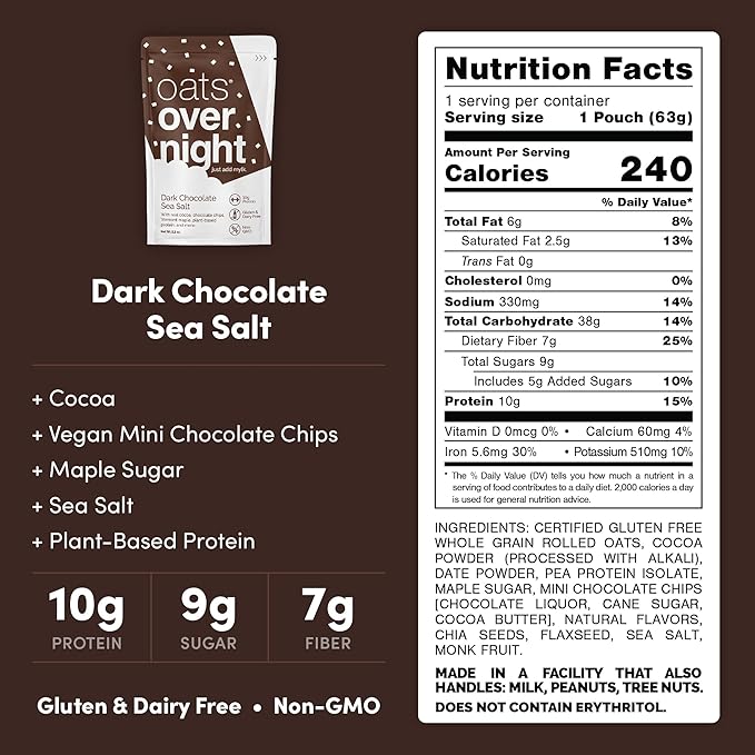 Oats Overnight Dark Chocolate Sea Salt 8 Pack &amp Chocolate Chip Cookie Dough 8 Pack - Vegan 20g Protein High Fiber Breakfast Shake - Gluten Free Non GMO Oatmeal