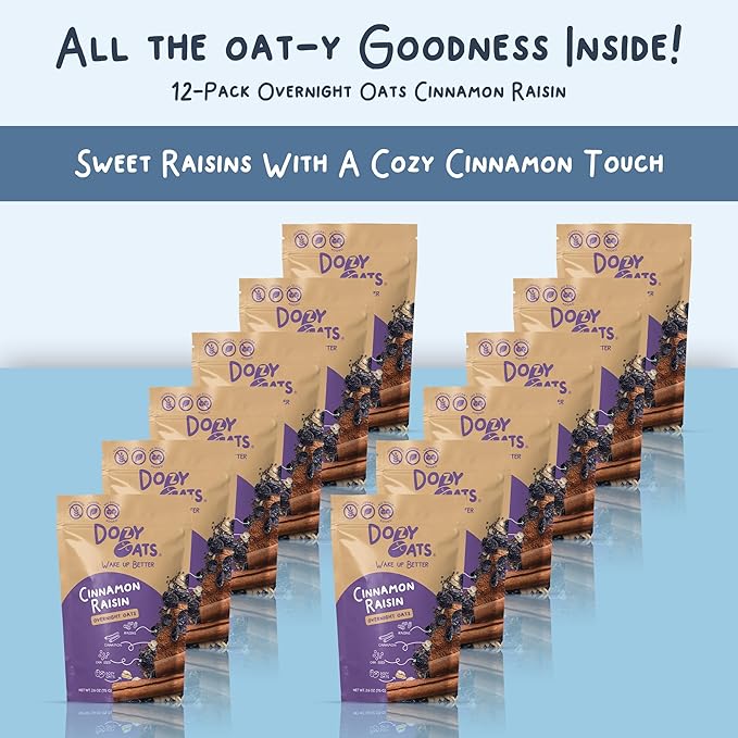 Dozy Oats Overnight Oatmeal Packets Cinnamon Raisin Multipack with Rolled Oats Chia Seeds Date Powder Cinnamon and Raisins. Gluten-Free Natural Source of Protein and Fiber 12-Pack