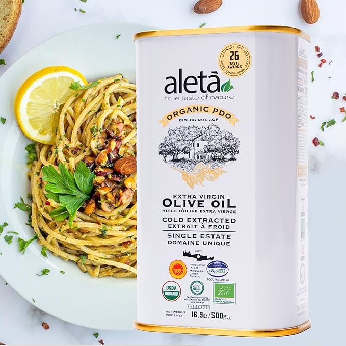 Aleta Farms Olive Oil Extra Virgin USDA Organic Single Estate PDO Polyphenol Rich Olive Oil Cold Pressed Global Gold Awards EVOO Kosher. 16.9 Fl Oz (Pack of 1)
